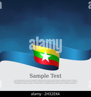 Hintergrund der Flagge von Myanmar. Nationales patriotisches Banner, Plakat. Geschäftsbroschüre. Myanmar Flagge gewelltes Band auf blauweißem Hintergrund. Statusflyer, Deckblatt Stock Vektor