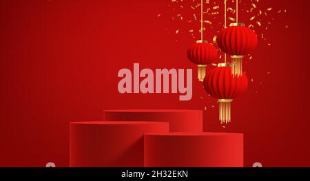 Chinesischer Neujahrshintergrund mit realistischem 3D rotem Produktpodium und roten chinesischen Papierlaternen. Vektorgrafik Stock Vektor