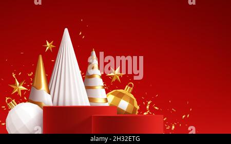 Frohe Weihnachten handgefertigter Weihnachtshintergrund.Rotes Produktpodium mit weißen und goldenen Weihnachtsdekorationen auf rotem Hintergrund. Vektorgrafik Stock Vektor