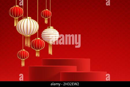 Chinesischer Neujahrshintergrund mit realistischem 3D rotem Produktpodium und roten chinesischen Papierlaternen. Vektorgrafik Stock Vektor