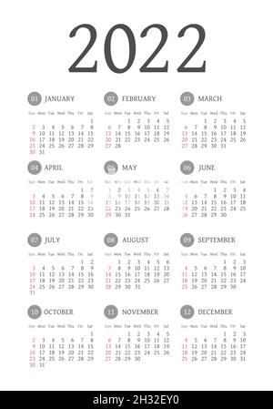 Kalender 2022 Jahr. Schwarz-Weiß-Vektorvorlage. Die Woche beginnt am Sonntag. Grundraster. Quadratischer Taschenkalander. Ready-Design Stock Vektor