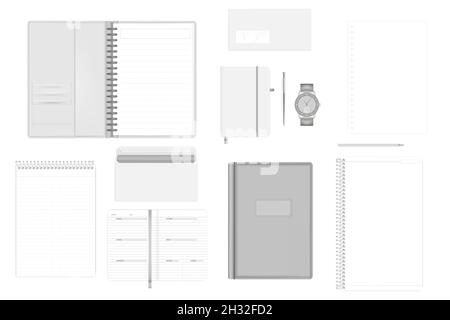 Business Essentials Mockup-Set isoliert auf Weiß. Leeres Büromaterial. Vorlage für Corporate Identity-Produkte. Vektormodell für Design Stock Vektor