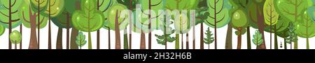 Flacher Wald. Horizontale nahtlose Komposition. Cartoon-Stil. Lustige grüne ländliche Landschaft. Level das Spiel. Komisches Hintergrunddesign. Nette Szene mit Stock Vektor