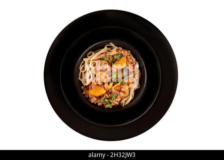 Spaghetti mit Hackfleisch und Gemüse, Tomaten-sauce Stockfoto