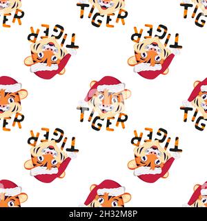 Nahtloses Muster mit glücklichem Tiger, Symbol des neuen Jahres in rotem Weihnachtsmann Hut. Druck für die Feiertagsdekoration mit orange gestreiftem Schriftzug Stock Vektor
