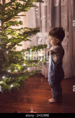 Kleiner Junge in blauen Overalls, der den Weihnachtsbaum schmückt Stockfoto