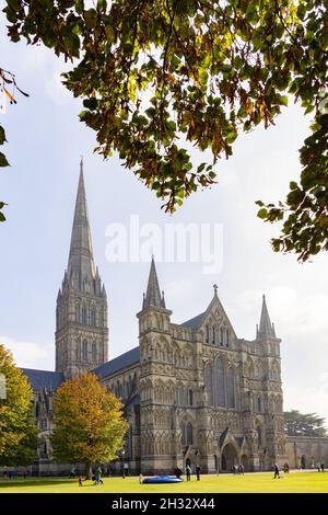 Autumn UK; Salisbury Cathedral UK; im Herbst vom Grün aus gesehen, Cathedral Close, Salisbury, Wiltshire UK Stockfoto