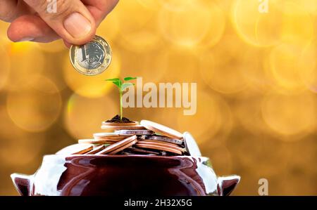 Mann Hand Hinzufügen einer Münze in den Stapel von Münzen Stockfoto