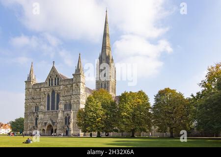 Autumn UK; Salisbury Cathedral UK; im Herbst vom Grün aus gesehen, Cathedral Close, Salisbury, Wiltshire UK Stockfoto