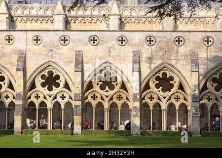 Salisbury Cathedral Kreuzgang - mittelalterliche gotische Architektur aus dem 13th. Jahrhundert, Salisbury, Wiltshire UK Stockfoto