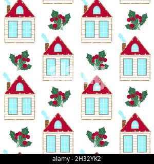 Verzierte Weihnachtshäuser mit Stechpalmen und Beeren nahtlos Muster. Stock Vektor