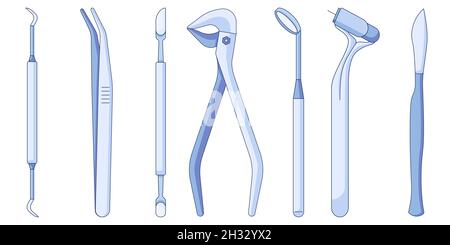 Symbole für Dentalwerkzeuge und -Instrumente. Stomatology liefert Vektorsymbole in flacher Form, isoliert auf weißem Hintergrund. Stock Vektor