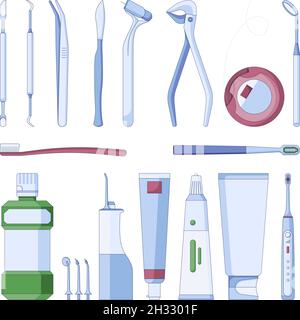 Symbole für Dentalwerkzeuge und -Instrumente. Stomatology liefert Vektorsymbole in flacher Form, isoliert auf weißem Hintergrund. Stock Vektor