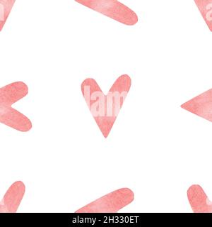 Nahtloses Muster mit leuchtend rosa handbemalten Aquarellherzen. Romantische dekorative Hintergrund perfekt für Valentinstag Geschenkpapier, Hochzeit Dekor oder Stoff Textil Stockfoto