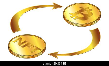 NFT und Bitcoin Umlauf isometrisches Konzept mit Goldmünzen und zyklischen Pfeilen isoliert auf Weiß. Vektordesign-Element. Stock Vektor