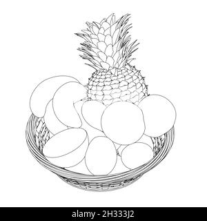 Kontur des Obstkorbes aus schwarzen Linien isoliert auf weißem Hintergrund. Bananen, Äpfel, Ananas in einem Korb. Vektorgrafik Stock Vektor