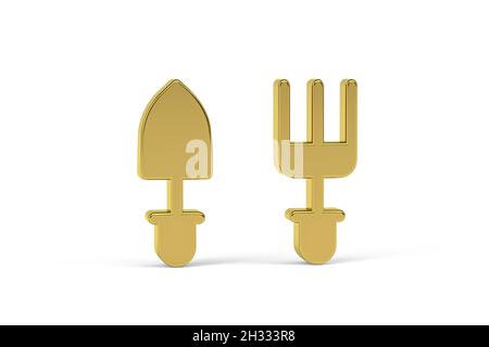 Goldenes 3d-Symbol für Gartenwerkzeuge auf weißem Hintergrund isoliert - 3d-Rendering Stockfoto