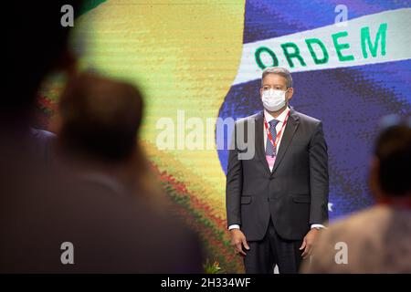 Sao Paulo, Brasilien. Oktober 2021. Der Präsident der brasilianischen Abgeordnetenkammer, Arthur Lira, nimmt an der Eröffnung der 21. Internationalen Konferenz von Datagro über Zucker und Ethanol in Sao Paulo, Brasilien, am 25. Oktober 2021 Teil. (Foto von Igor do Vene/Sipa USA) Quelle: SIPA USA/Alamy Live News Stockfoto