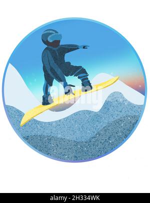 Snowboarden. Illustration eines springenden Snowboarders im trendigen Flat-Style. Stockfoto