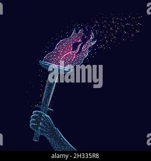 Brennende Fackel in der Hand in Drahtmodell polygonalen Stil isoliert auf dunkelblauem Hintergrund. Designelement für Banner. Vektorgrafik. Stock Vektor