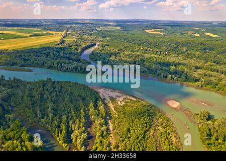 Luftaufnahme der Drau und Mura Mündung, Podravina Region von Kroatien, Grenze zu Ungarn Stockfoto