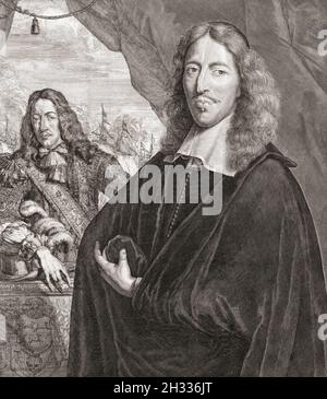 Johan de Witt aka Jan de Witt, 1625 – 1672 (rechts) und sein Bruder Cornelis de Witt, 1623 - 1672 (links). Beide waren niederländische Politiker, Johan war der Großpensionär von Holland. Die Brüder wurden am 20. August 1672 von Anhängern von Wilhelm von Orange gelyncht. Nach einem Druck von Lambert Visscher nach einem Werk von Jan de Baen. Stockfoto