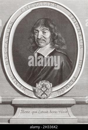 René Descartes, 1596 – 1650. Französischer Philosoph, Mathematiker und Wissenschaftler. Das Zitat im Rahmen um sein Porträt stammt aus Ovids Tristia. Bene qui latuit, Bene vixit, übersetzt als jemand, der gut lebt, unbemerkt lebt. Nach dem Gemälde von Frans Hals. Stockfoto