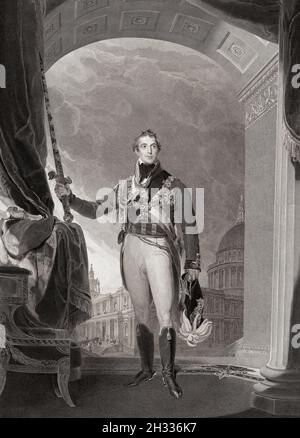 Der Herzog von Wellington hält das große Schwert des Staates. Nach einem Gemälde von Thomas Lawrence. Arthur Wellesley, 1. Duke of Wellington, 1769 - 1852. Stockfoto