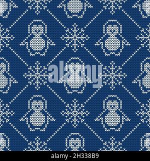 Nahtloses Strickmuster mit Pinguinen und Schneeflocken. Winterpullover im Hintergrund. Vektorgrafik. Stock Vektor