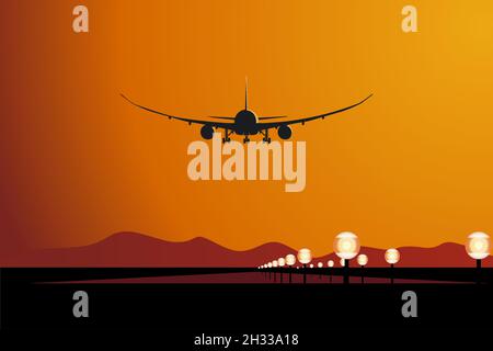 Flugzeuge landen bei Sonnenuntergang. Verfügbares EPS-8-Vektorformat, das durch Gruppen und Ebenen getrennt ist, für eine einfache Bearbeitung Stock Vektor