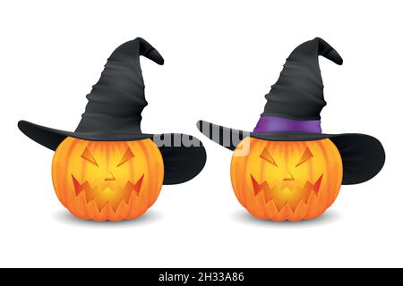 Vektor Hochglanz Cartoon Halloween Pumpkin Laterne mit Lustigen Gesicht und Hexenhut Symbol Set Nahaufnahme isoliert auf Weiß. Vorderansicht. Designvorlage von Stock Vektor