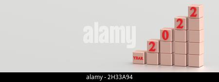 Neues Jahr 2022 Schreiben auf einer Pyramide von Würfeln mit leerem Hintergrund. 3d-Rendering Stockfoto