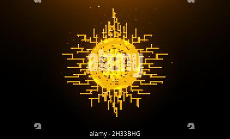 Goldenes Bitcoin polygonale Vektorgrafik auf dunklem Hintergrund. Kryptowährung Low-Poly-Design Stock Vektor