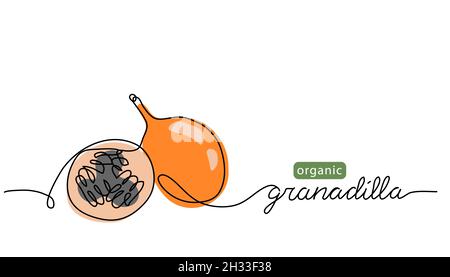 Granadilla, orange Passionsfrucht einfache Farbe Vektor Illustration. Eine fortlaufende Linie Kunstzeichnung mit Schriftzug Bio Granadilla Frucht Stock Vektor