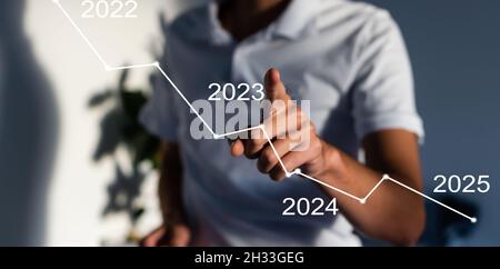 Fingerdruck der blauen Start 2023-Taste auf der virtuellen Benutzeroberfläche auf grauem Hintergrund mit Platz für Text. Konzept des neuen Jahres. Businessman Pressing Stockfoto