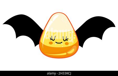 Happy Halloween - lustige Candy Mais Illustration mit Fledermausflügeln. Handgefertigter Aufklebedruck. Illustration mit niedlichem Zucker. Gut für Drucke auf T-Shirt und B Stock Vektor
