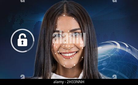 Asiatische Frau Gesichtserkennung und Erkennung über die Technologie-Verbindung Form Hintergrund, biometrische Verifikation, Computer Vision und künstliche int Stockfoto