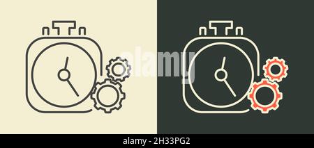 Wecker mit Zahnrädern. Zeitmanagement-Konzept. Flache Illustration. Isoliert. Stock Vektor