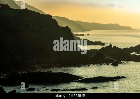 Felsige Klippen und Strand im Sommer bei Ilfracombe an der Küste von North Devon im Südwesten Englands. Stockfoto