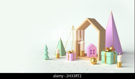 Weihnachtskomposition mit Haus und Bäumen. Minimaler abstrakter Hintergrund für das neue Jahr. 3d-Rendering Stockfoto
