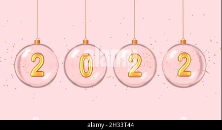 Goldene Metallnummern in Glaskugeln auf rosa Hintergrund. Weihnachtsdekoration. 3d-Rendering Stockfoto