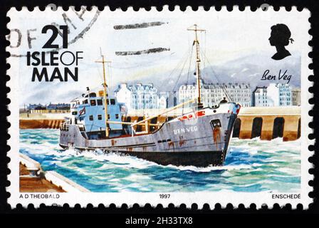 ISLE OF MAN - UM 1997: Eine auf Isle of man gedruckte Marke zeigt Ben Veg, Schiff, um 1997 Stockfoto