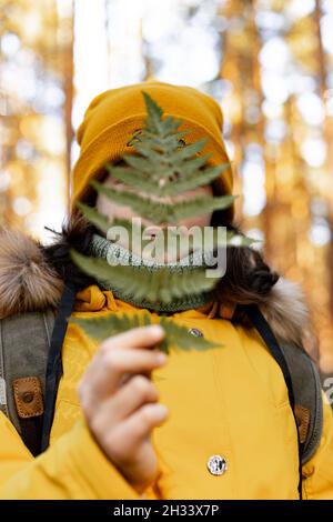 Unbekannte Person in einer orangefarbenen Jacke und Hut hält Farn. Wandern im Herbstwald. Ein Mädchen hält Farnblatt in ihrer Hand und bedeckt ihr Gesicht. Herbstbaum Stockfoto