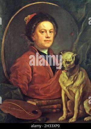 WILLIAM HOGARTH (1697-1764) englischer Künstler und Sozialkritiker in einem Selbstporträt von 1745 mit seinem Hund Trump Stockfoto