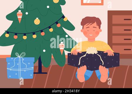 Happy boy Kind sitzt auf dem Boden unter Weihnachtsbaum mit Geschenk-Vektor-Illustration. Cartoon Kind Charakter hält Weihnachten Überraschung Geschenk-Box aus Santa, nette Szene der festlichen Feier Hintergrund Stock Vektor