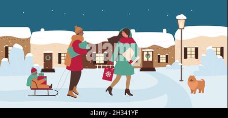 Familie Menschen gehen verschneite Stadt Straße, kaufen Geschenke für Weihnachten Vektor Illustration. Cartoon-Mann trägt Kind auf Schlitten, Frau zu Fuß mit Käufen nach Hause. Shopping für Winterurlaub Konzept Stock Vektor