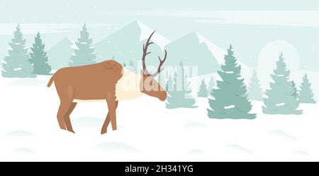 Hirsch im Winter Schnee Berglandschaft Vektorgrafik. Cartoon verschneite Weihnachtswaldszene mit niedlichen Rentieren, die zwischen Kiefern und Schneeverwehungen spazieren. Gefrorene Landschaft für Grußkarte, Poster Stock Vektor