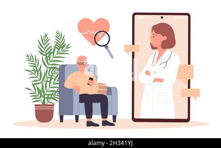 Online-Herzuntersuchung für Vektorgrafik für ältere Menschen. Cartoon alter Mann Patient mit Handy-App zum Arzt Kardiologen besuchen, überprüfen Beat und Druck. Kardiologie, telemedizinisches Konzept Stock Vektor