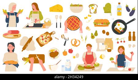 Kochen von Speisen zu Hause Vektorgrafik einstellen. Cartoon-Sammlung mit Personen, die Brot, Gemüse halten, um gesunde Mahlzeiten zu kochen, Vorbereitung, Schneiden von Produkten mit Messer in der Küche isoliert auf weiß Stock Vektor