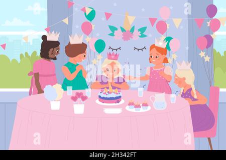 Nette Mädchen auf Geburtstagsfeier Feier Vektor Illustration. Cartoon Freund Figuren in schönen Prinzessin Kleider feiern, aufgeregt Geburtstagskind sitzt am Tisch mit Kuchen und Cupcakes, Desserts Stock Vektor